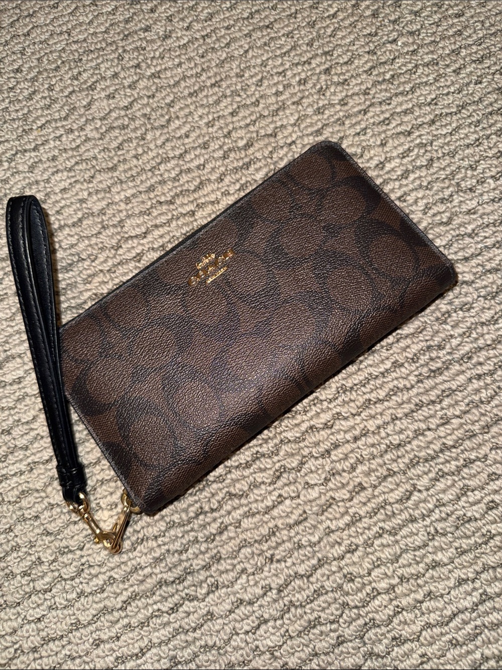 Coach Brown Signature Zip Wristlet with Black Strap